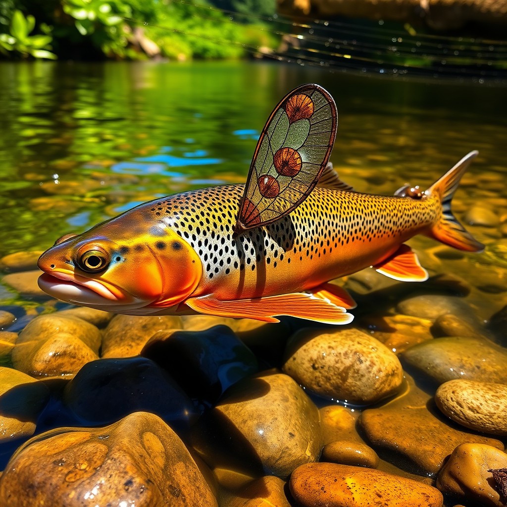 A beautiful brown trout with intricately detailed caddis fly wings, showcasing vibrant coloring and exquisite patterns
