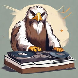 Anthropomorphic Philippine Eagle styled as a DJ, passionately spinning records at a turntable.