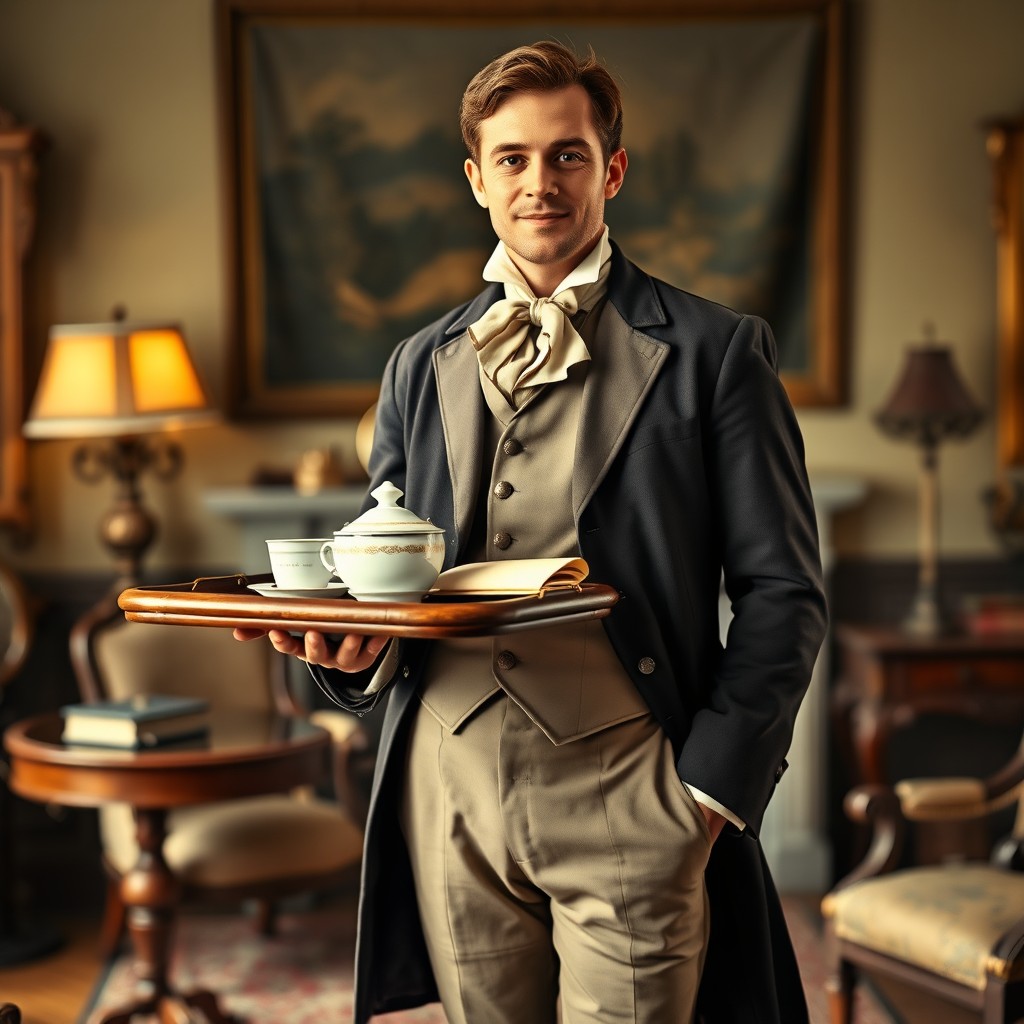 A loyal page or steward in a colonial setting, dressed in a traditional colonial uniform characterized by a stylish frock coat, high-waisted trousers, and a cravat