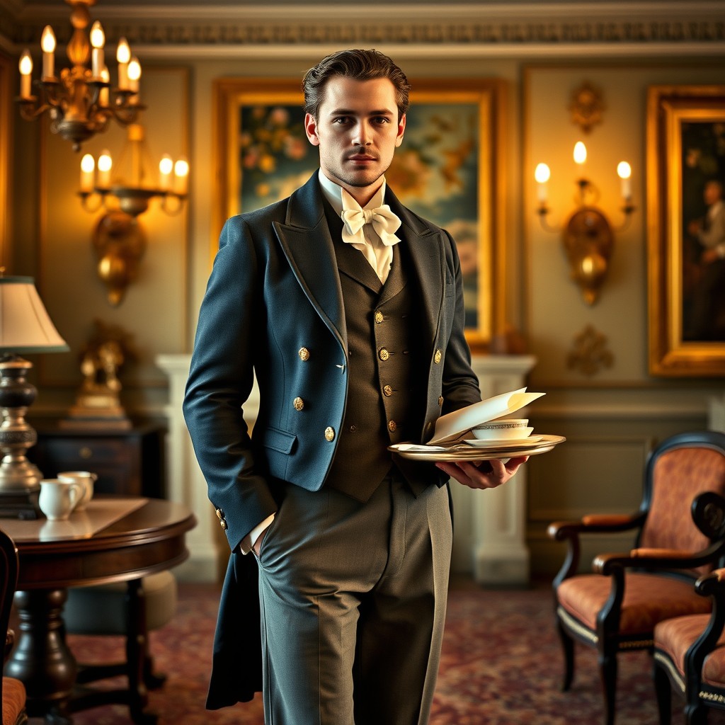 A devoted page or steward in a colonial style, characterized by an impeccable traditional outfit