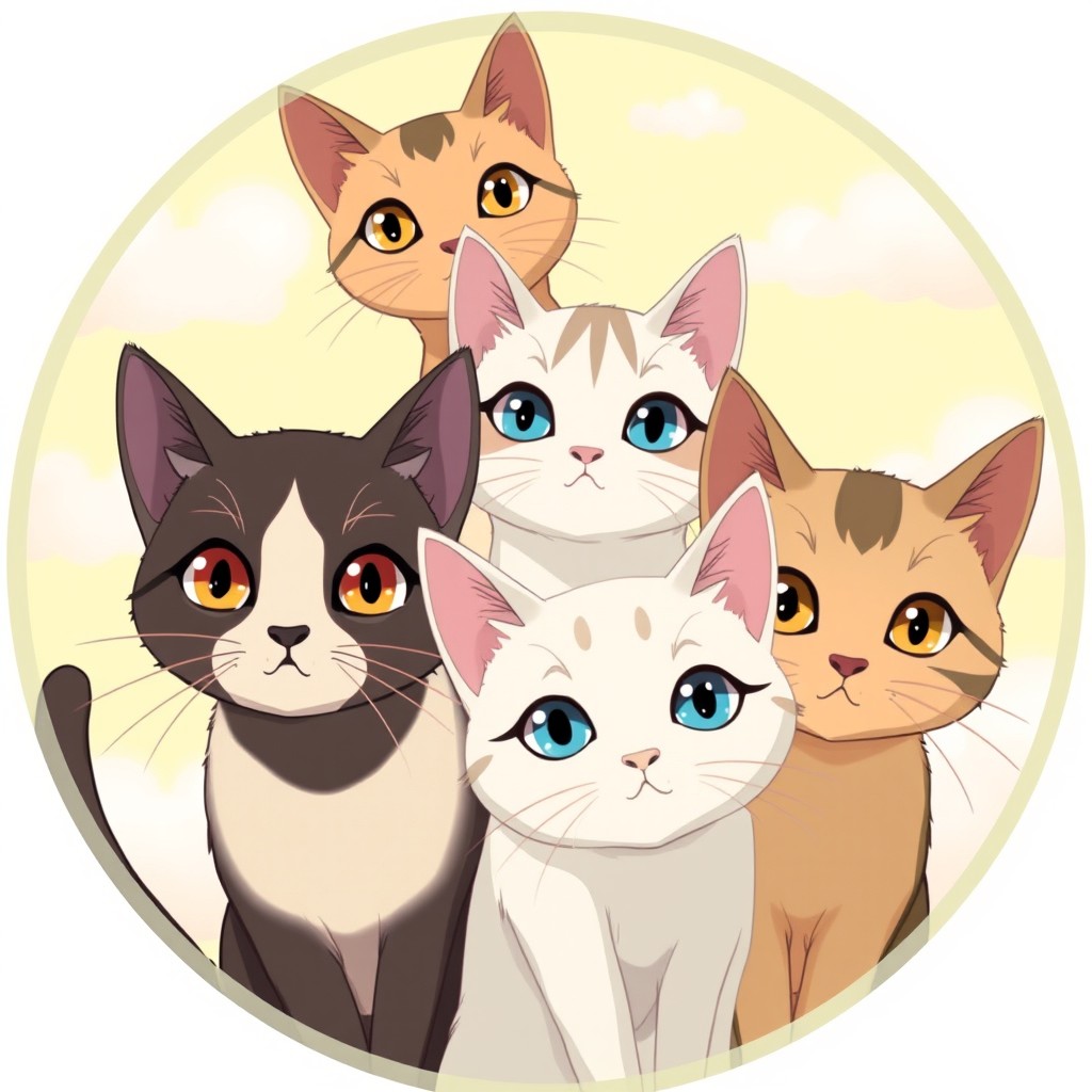 A circular image in Studio Ghibli style featuring four cats, with two positioned in the front and two in the back