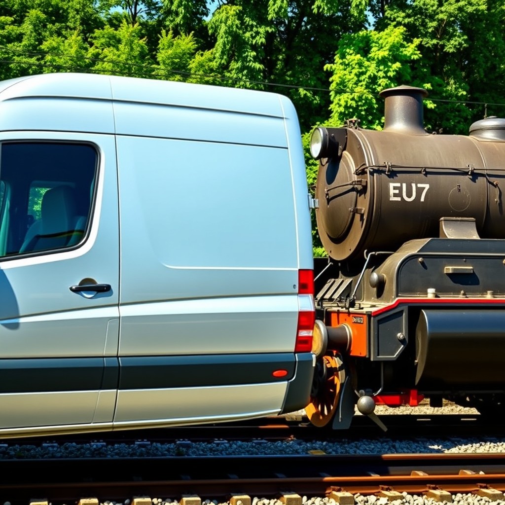 A side view showcases the left front of a Mercedes Sprinter van and the right front of an EU07 locomotive