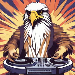 Anthropomorphic Philippine Eagle styled as a DJ, passionately spinning records at a turntable.