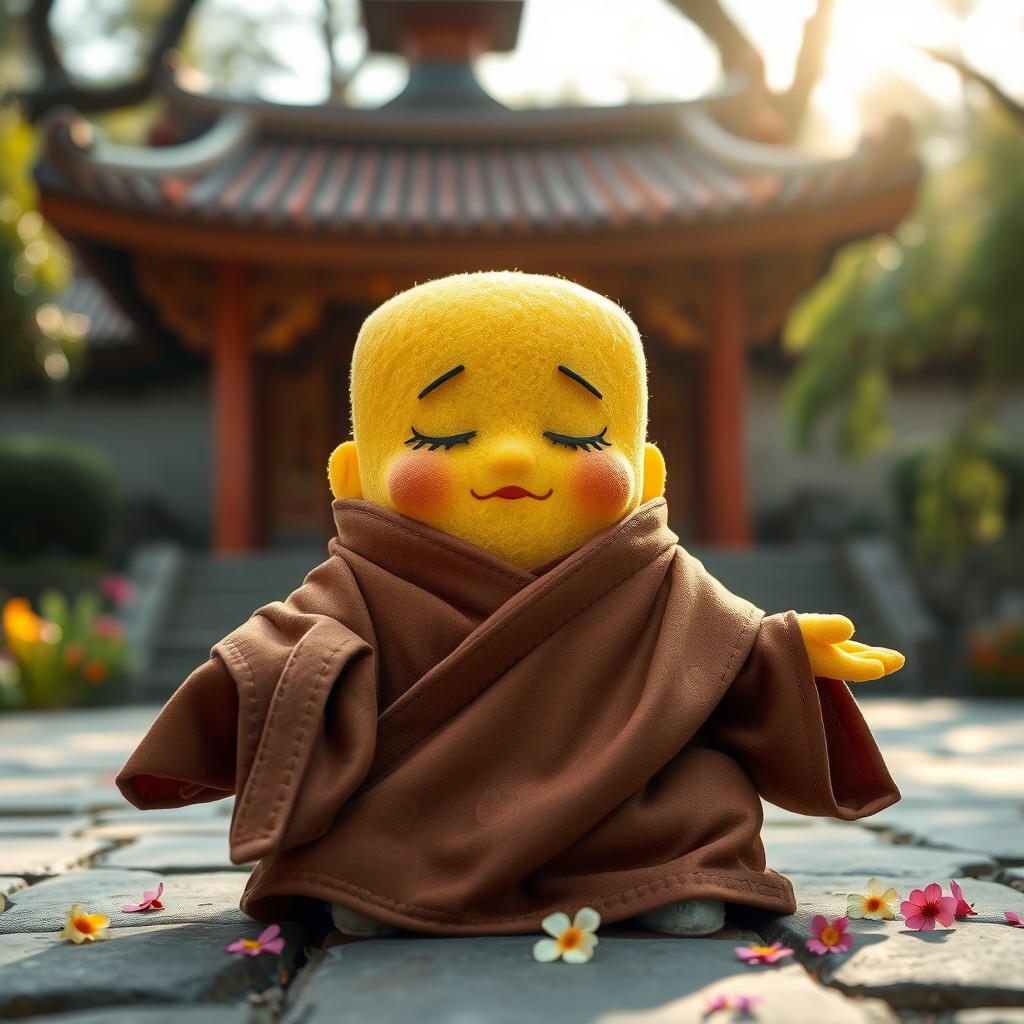 A whimsical scene featuring a sponge that resembles a monk, wearing traditional monk robes made of soft fabric with intricate patterns