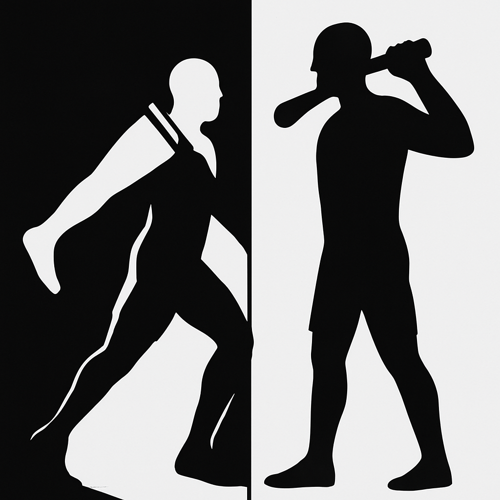 Extract the white and black man with the additional club that looks like a leg