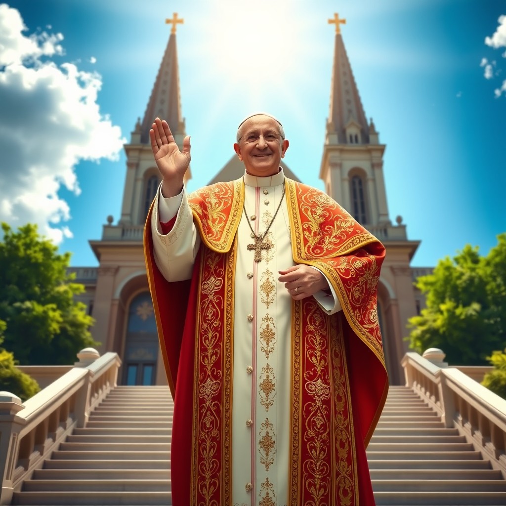 A depiction of the new pope in a grand, ornate papal robe adorned with intricate gold embroidery, standing confidently on the steps of a magnificent cathedral