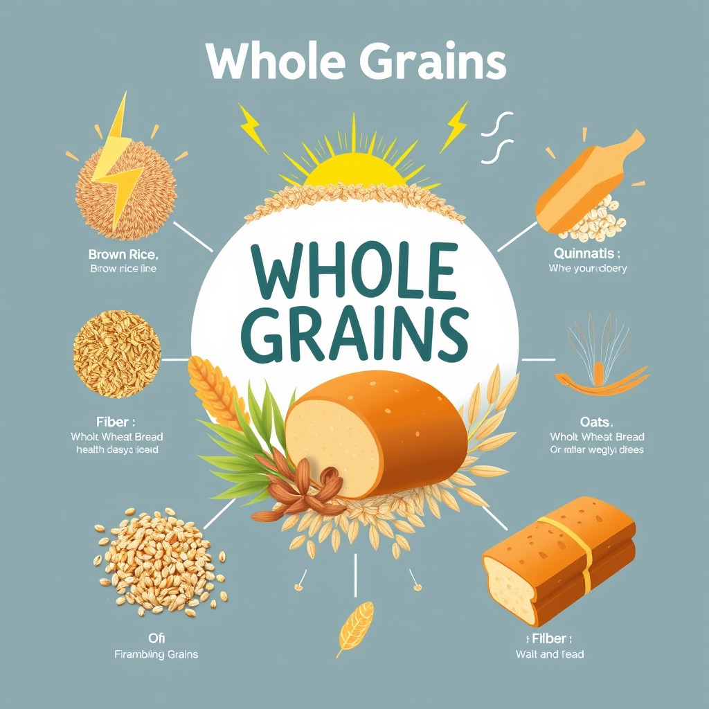 An informative visual concept highlighting whole grains (الحبوب الكاملة) as a source of energy and fiber (مصدر لطاقه والياف)