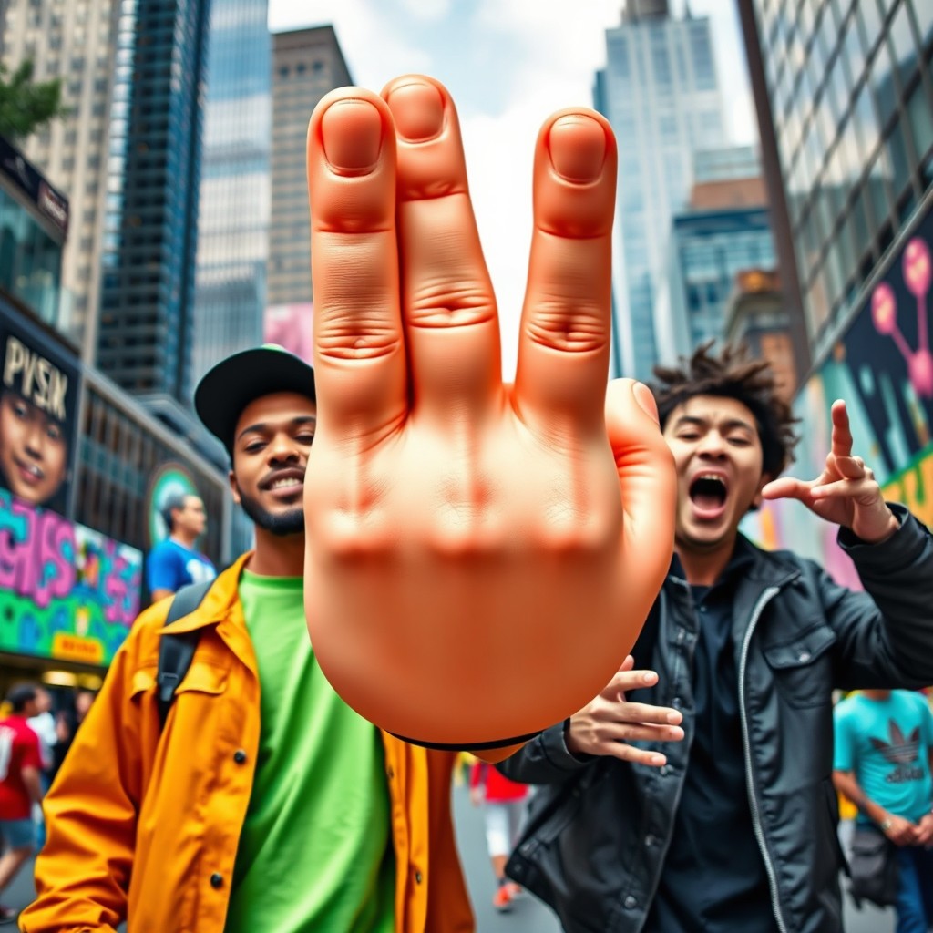 A focused and dynamic scene featuring two individuals in a vibrant urban setting, with a large, offensive middle finger emoji prominently displayed in the center