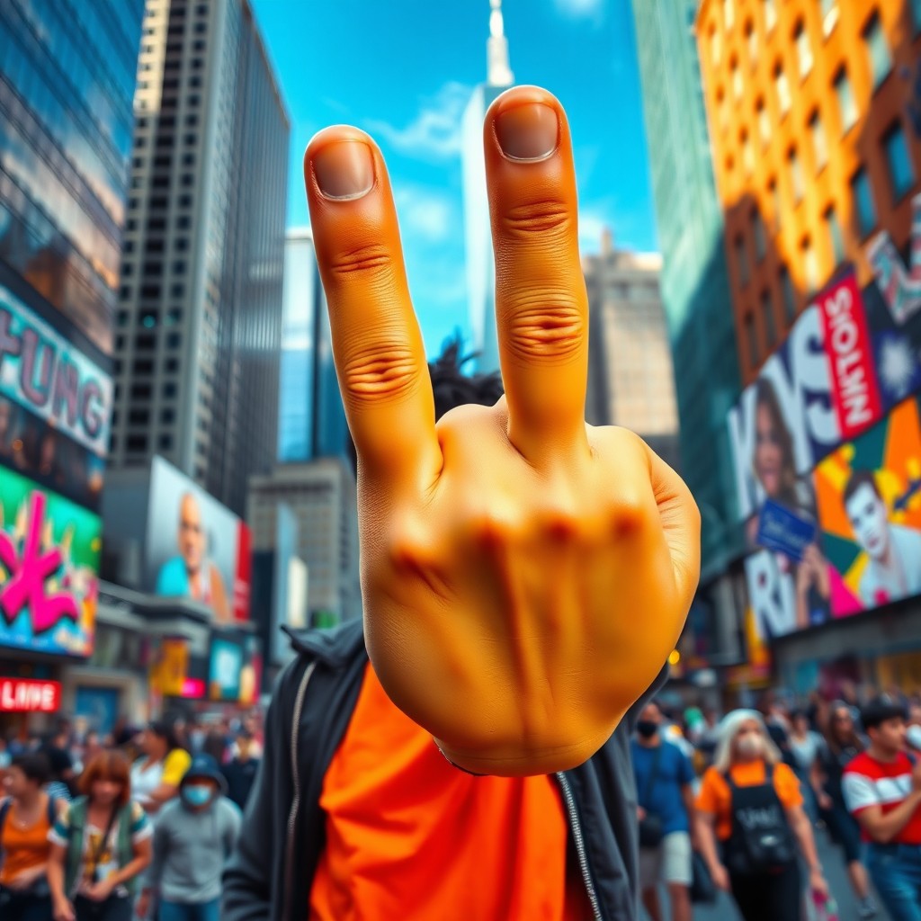 A focused and dynamic scene featuring one individual in a vibrant urban setting, with a large, offensive middle finger emoji prominently displayed in the center