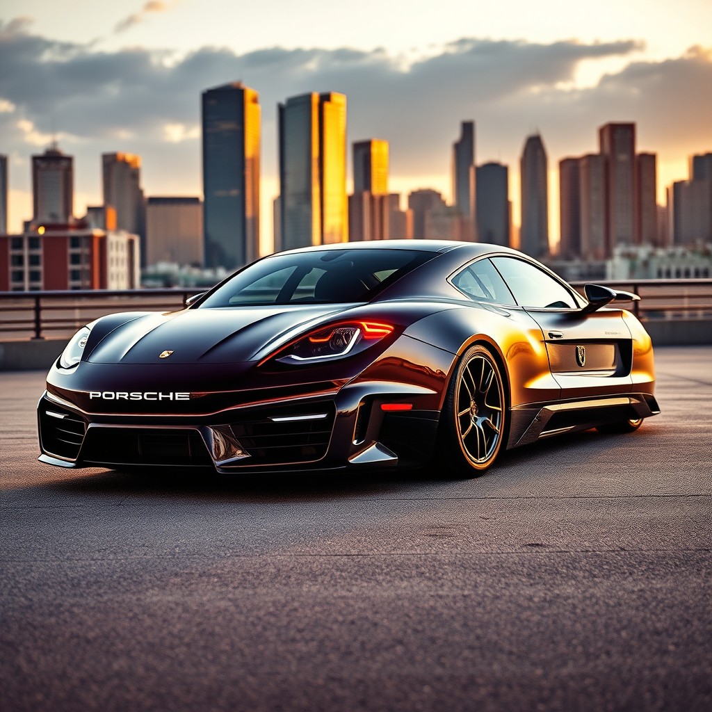 A stunning hybrid car showcasing the front design of a Porsche Panamera seamlessly blended with the rear design of an Audi R8
