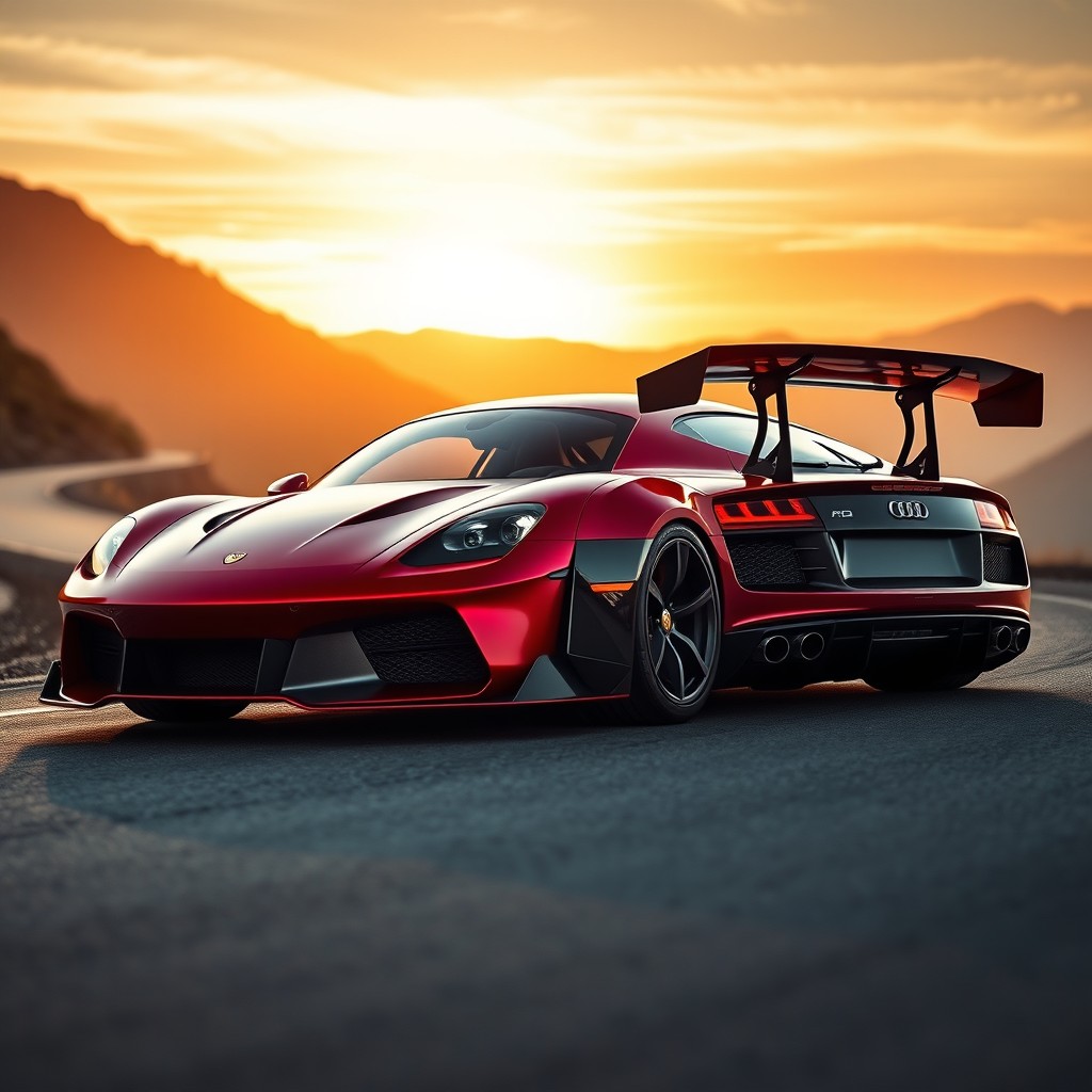 A breathtaking sports car that combines the front design of a Porsche Panamera, the rear design of an Audi R8, and features an aerodynamic rear wing inspired by Lamborghini
