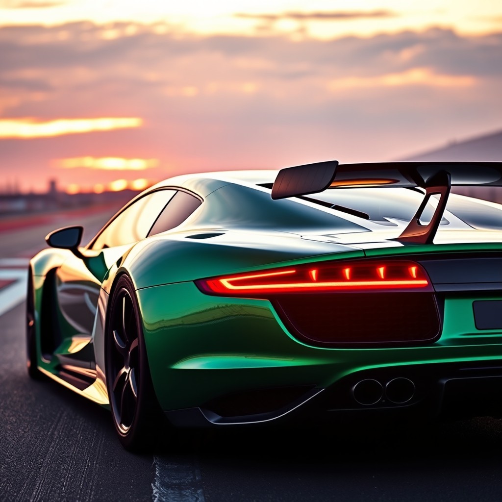 A striking sports car featuring the front design of a Porsche Panamera, the rear design of an Audi R8, and an aerodynamic rear wing inspired by a Lamborghini Aventador