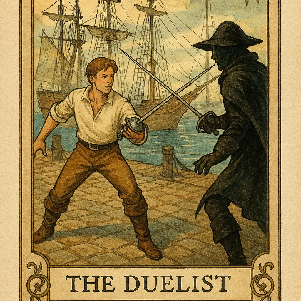 Create a tarot card style image with a 9:16 aspect ratio, combining watercolor technique and precise line art. The background depicts a medieval ship port with tall masts and sailing vessels. In the foreground, a man dressed in a light shirt, brown pants, and knee-high boots (botforts) is engaged in a sword sparring match with a mysterious stranger. The main character holds a simple rapier in his hand. The artwork should have the decorative border and symbolic elements typical of tarot cards, while maintaining a watercolor aesthetic with defined linework throughout the composition. At the bottom of the card, add the word 'THE DUELIST' in an ornate, period-appropriate font.