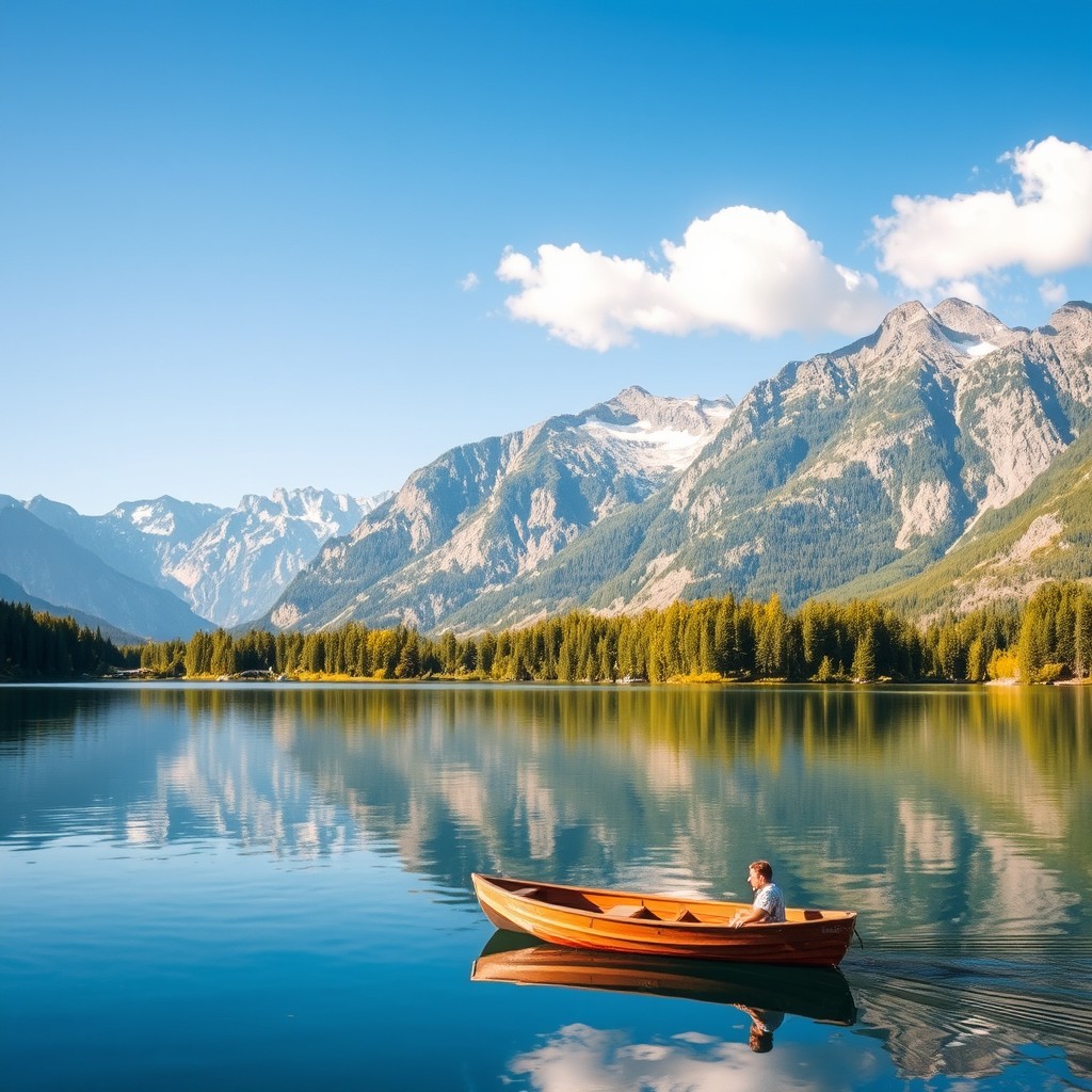 A serene landscape featuring a tranquil lake surrounded by majestic mountains under a clear blue sky