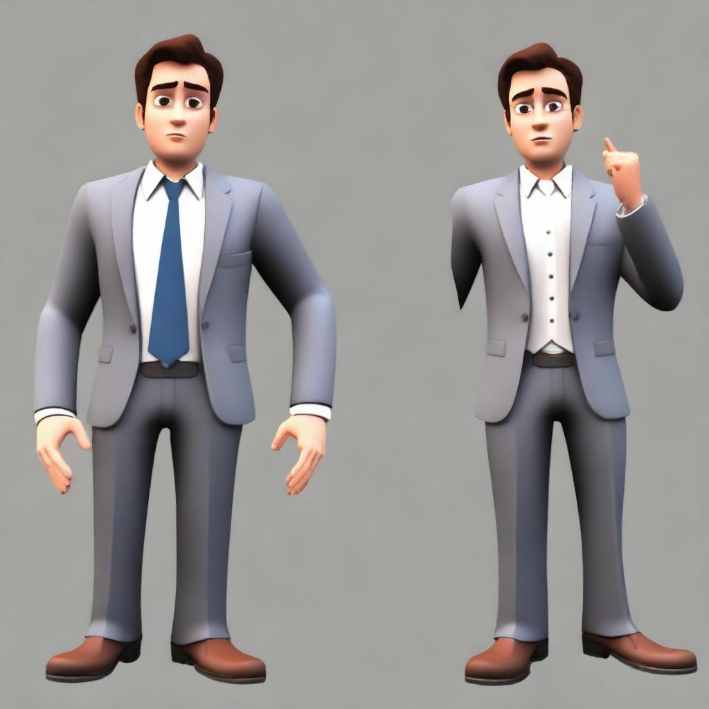 Modify the animated, 25-year-old male to now be wearing formal attire, while maintaining his sad expression.