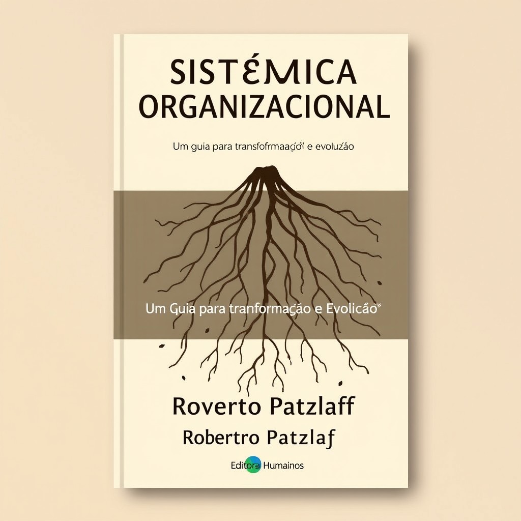 An A5 book cover design featuring an editable area for the title 'Sistêmica Organizacional', subtitle 'Um Guia para Transformação e Evolução', and author name 'Roberto Patzlaff', published by 'Editora Humanos'