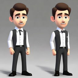 Modify the animated, 25-year-old male to now be wearing formal attire, while maintaining his sad expression.