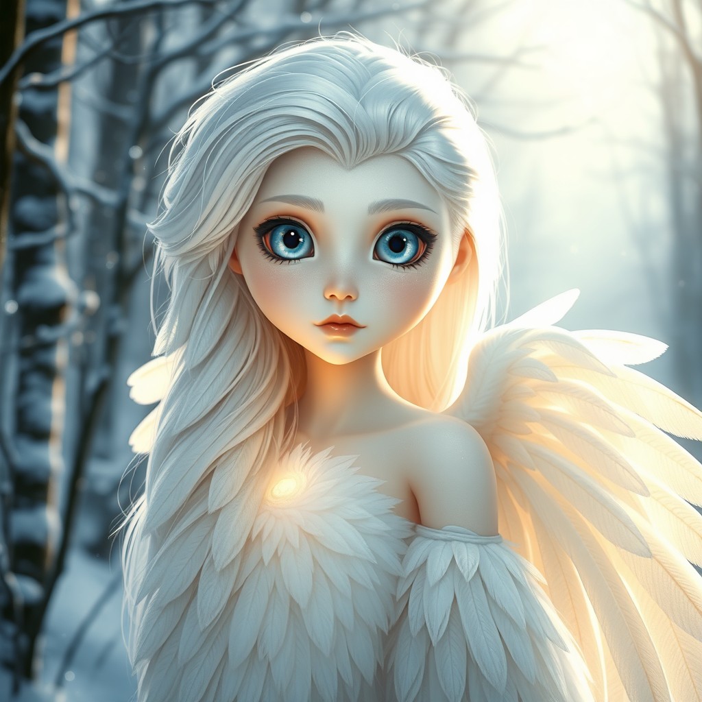 A captivating female humanoid character with features inspired by a snowy barn owl