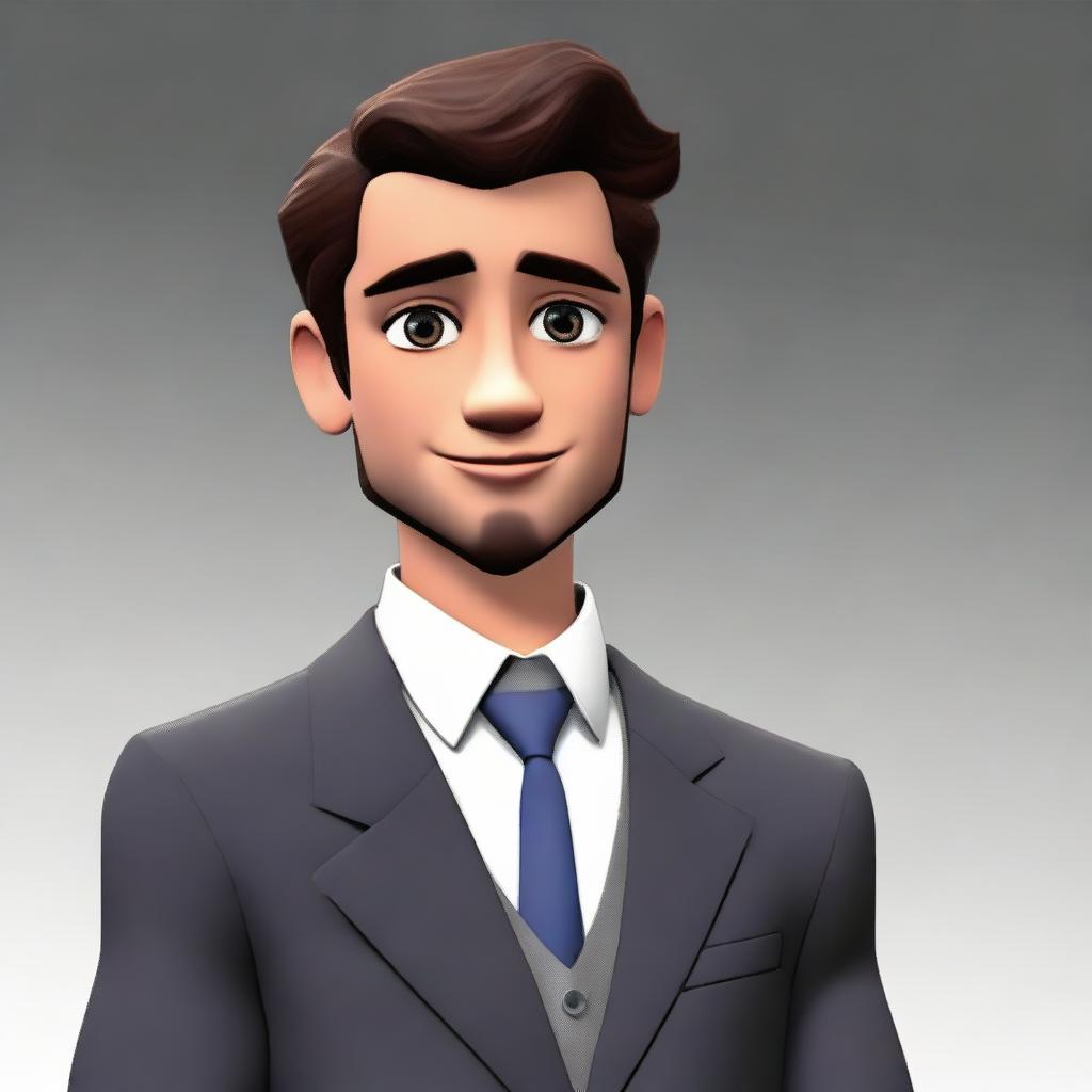 Modify the animated, 25-year-old male to now be wearing formal attire, while maintaining his sad expression.