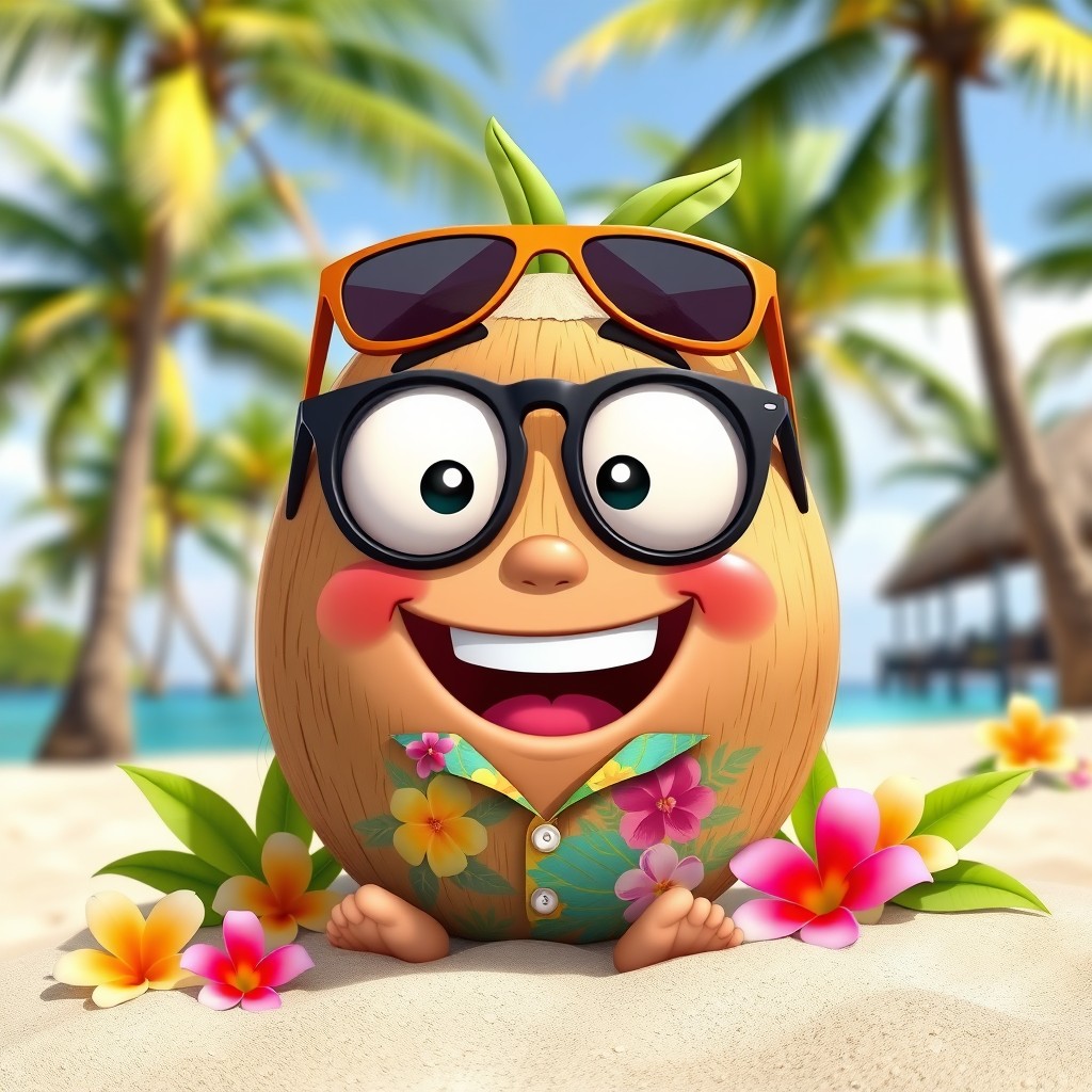 A whimsical and playful cartoon coconut character with big eyes and a wide smile, wearing a colorful Hawaiian shirt and sunglasses