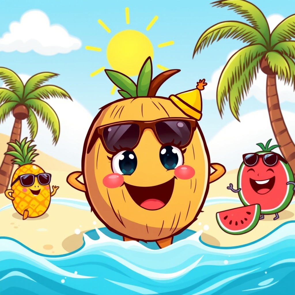 A whimsical, cartoon-style coconut character with a big smile, expressive eyes, and a cheerful demeanor