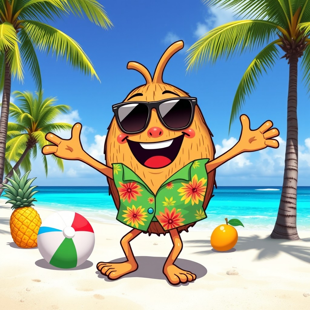 A whimsical, cartoon-style coconut character with a big smile, wearing sunglasses and a colorful tropical Hawaiian shirt