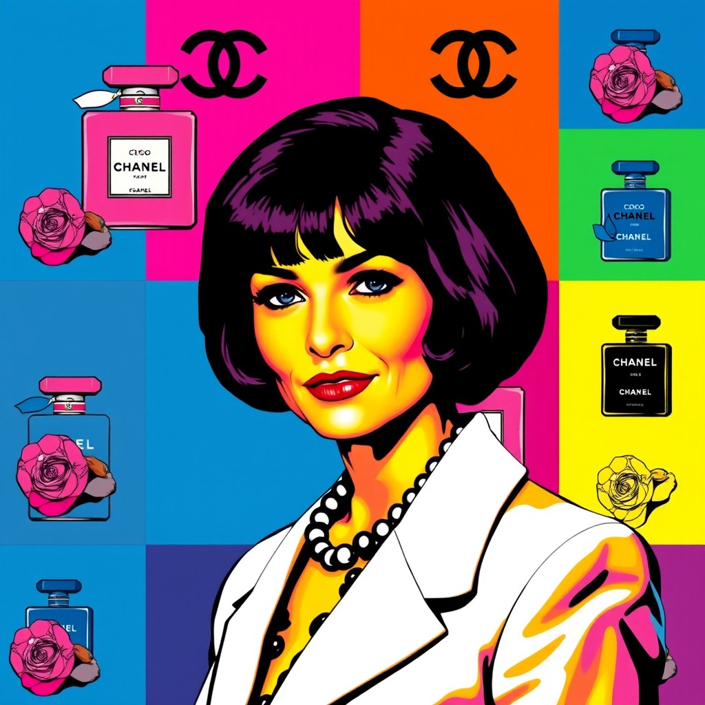 A vibrant and pop-art inspired interpretation of Coco Chanel, showcasing her iconic fashion sense