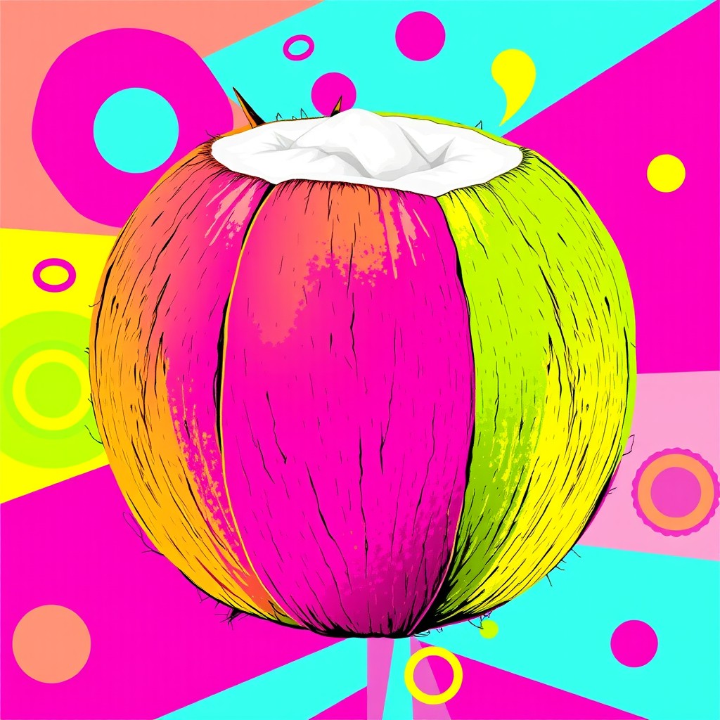 A vibrant and colorful interpretation of a coconut inspired by Andy Warhol's pop art style