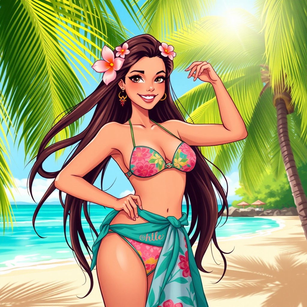 A vibrant and playful digital illustration inspired by the style of Carolyn Davidson, featuring a young woman with a bright tropical theme