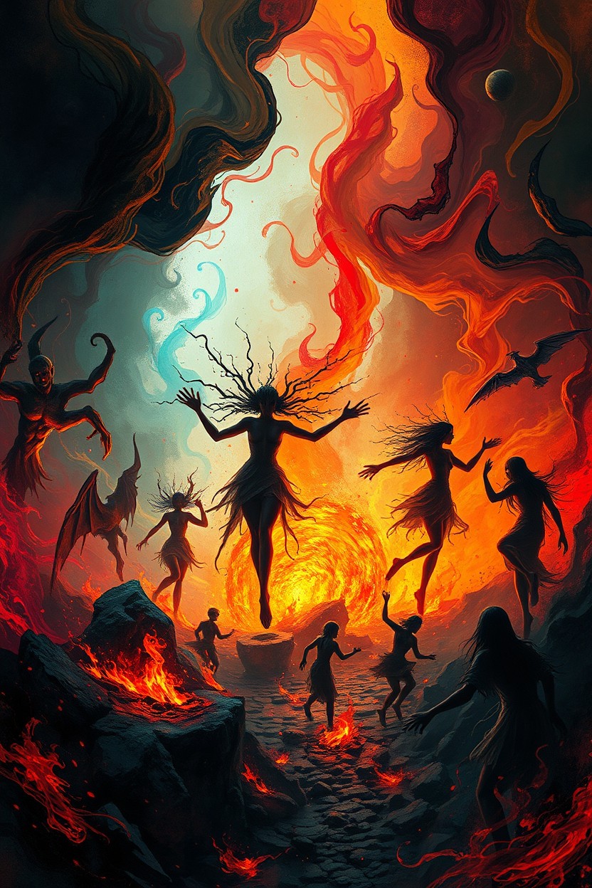 In a surreal and mystical setting representing hell, vibrant and chaotic rhythms and rhymes are visually interpreted through swirling colors and abstract forms