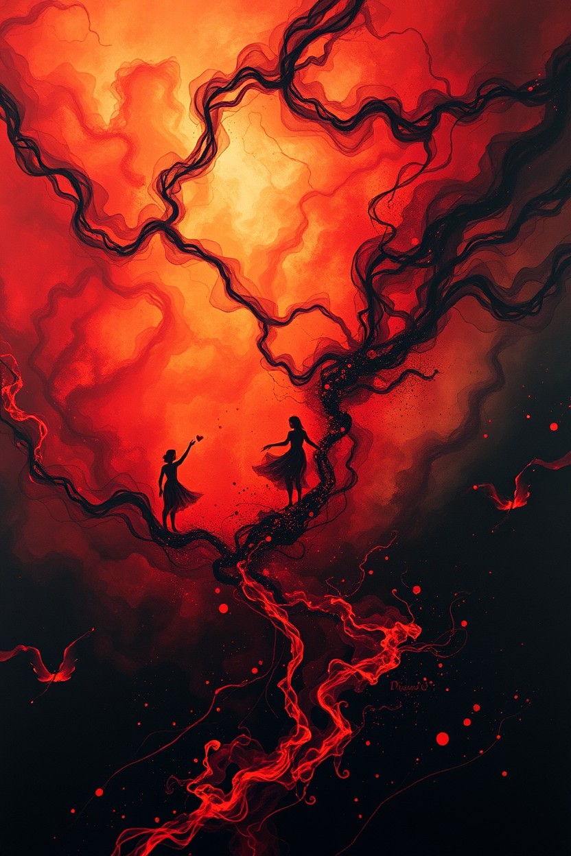 In an infernal landscape, abstract visual representation of rhythms and rhymes, intertwining dark and fiery patterns representing chaos and creativity, with ethereal figures dancing amidst the flames, vague poetic texts written in swirling smoke, vivid colors of red and orange juxtaposed with deep blacks and shadows, creating a surreal yet mesmerizing atmosphere