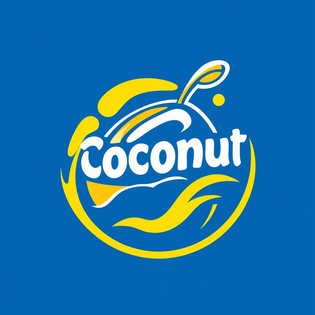 A vibrant logo design featuring a stylized coconut, inspired by the design principles of David Carson