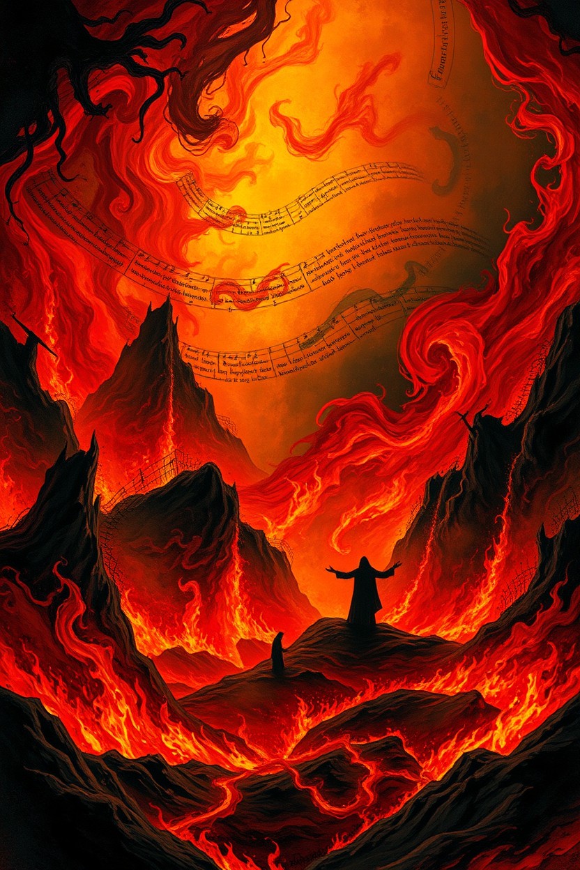 In a surreal depiction of hell, vibrant swirling patterns of rhythms and rhymes flow through the fiery landscape