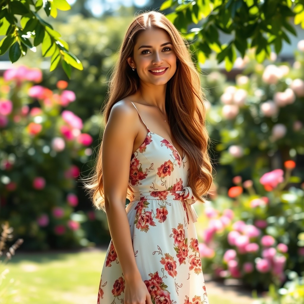 A stunning full-body portrait of a confident, elegant woman standing in an outdoor garden setting