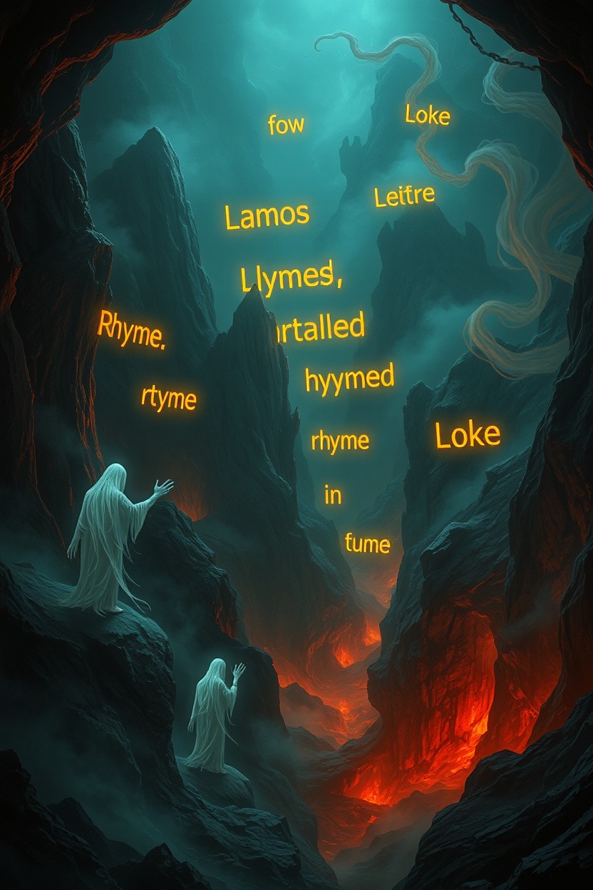 In a surreal underworld setting, I saw ethereal, glowing rhymes floating amidst dark, twisting landscapes