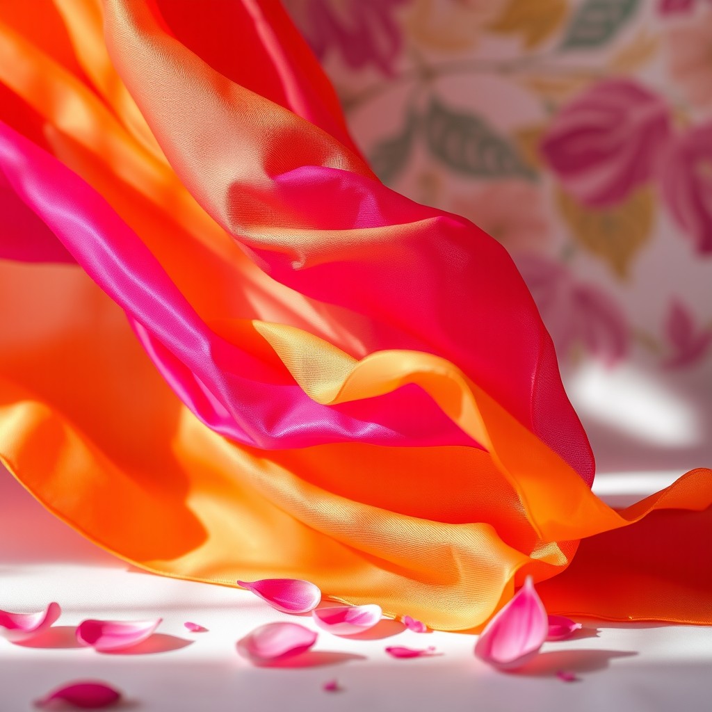 A vibrant and colorful composition featuring a fabric that combines shades of hot pink, fuchsia, orange, and yellow in a beautifully layered design