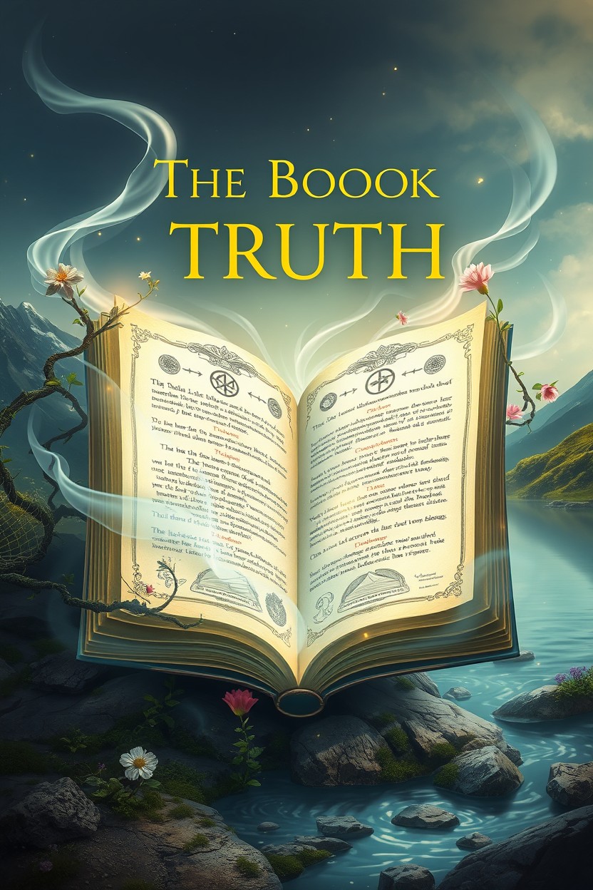 An abstract representation of a mythical book titled 'The Book of Truth'
