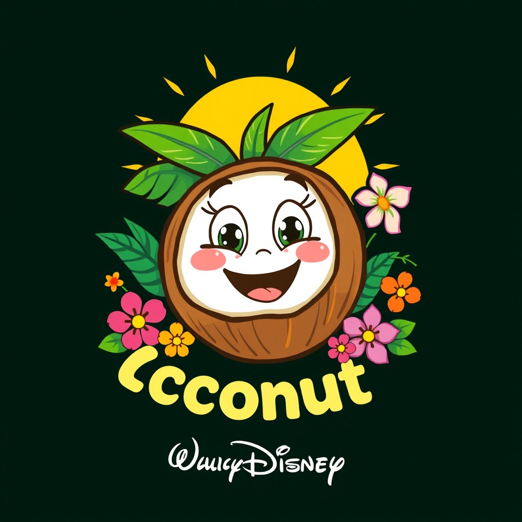 A whimsical and vibrant logo featuring a coconut, styled in a playful Disney animation design
