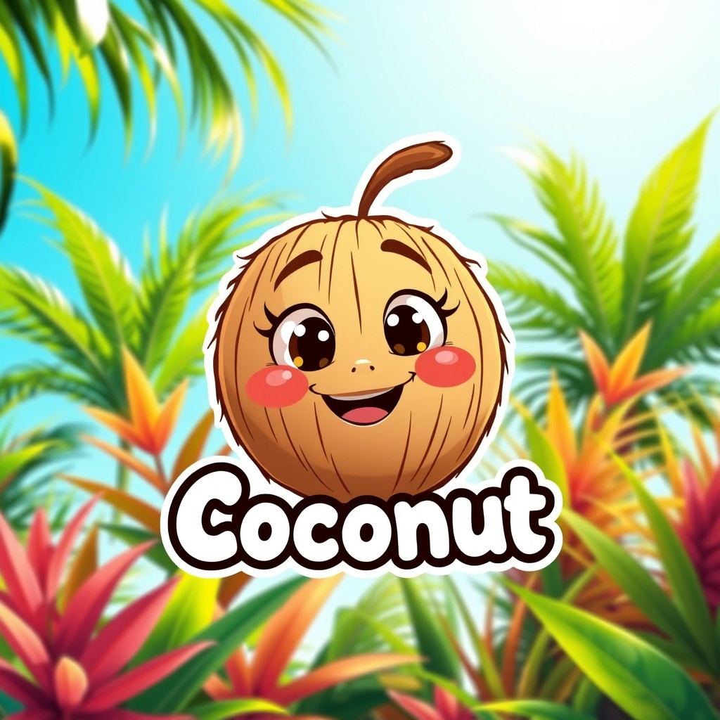 A whimsical, colorful logo featuring a cartoon coconut in a playful Pixar animation style