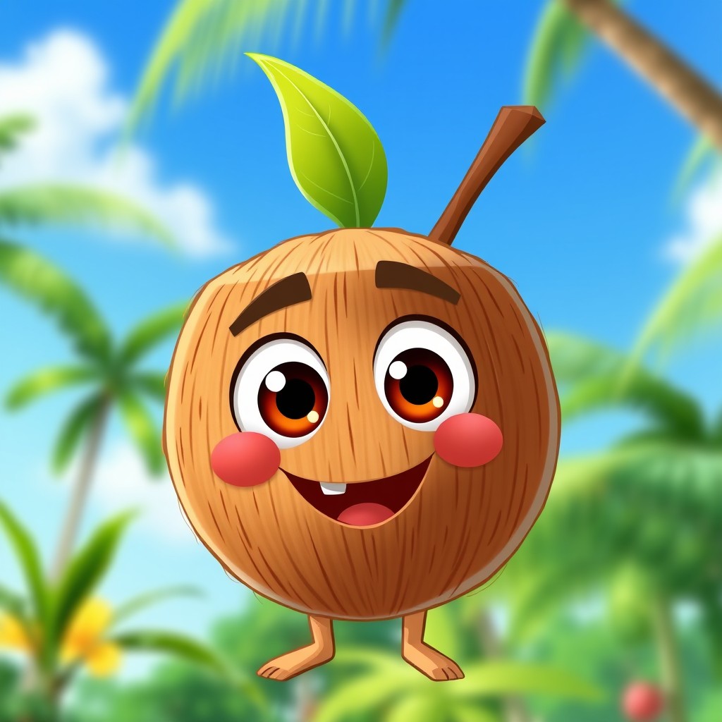 A playful and whimsical logo featuring a cartoon coconut character in the iconic Pixar style, showcasing large expressive eyes, a joyful smile, and a slight humanoid posture