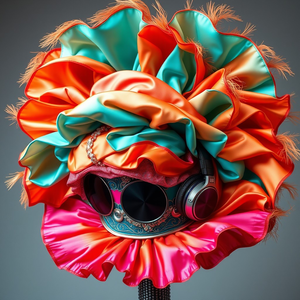 A voluminous carnival hat designed with a striking blend of materials
