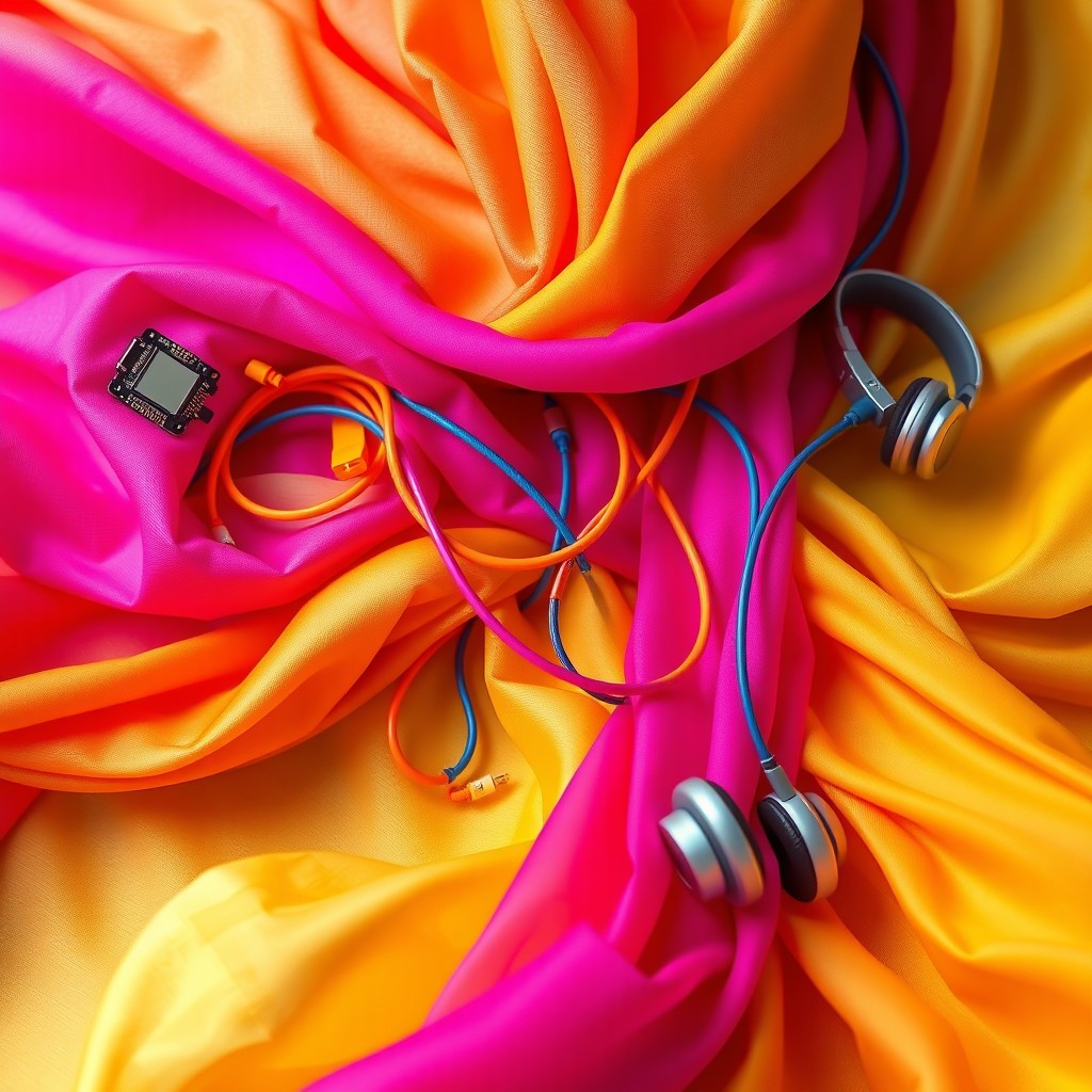 A vibrant and colorful composition featuring a fabric that combines shades of hot pink, fuchsia, orange, and yellow in beautifully layered designs with flowing folds that create dynamic movement
