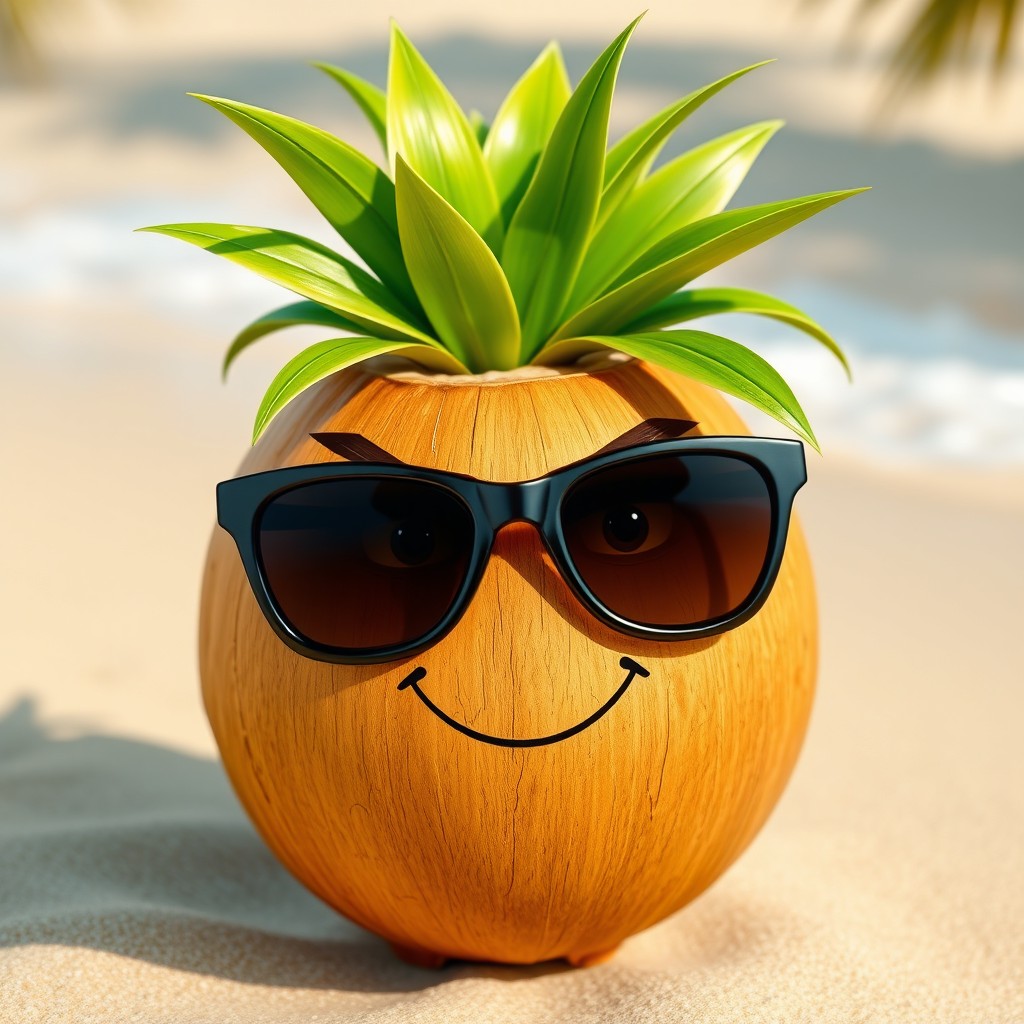A sassy coconut character with vibrant green leaves sprouting from the top, confidently peering over trendy oversized sunglasses