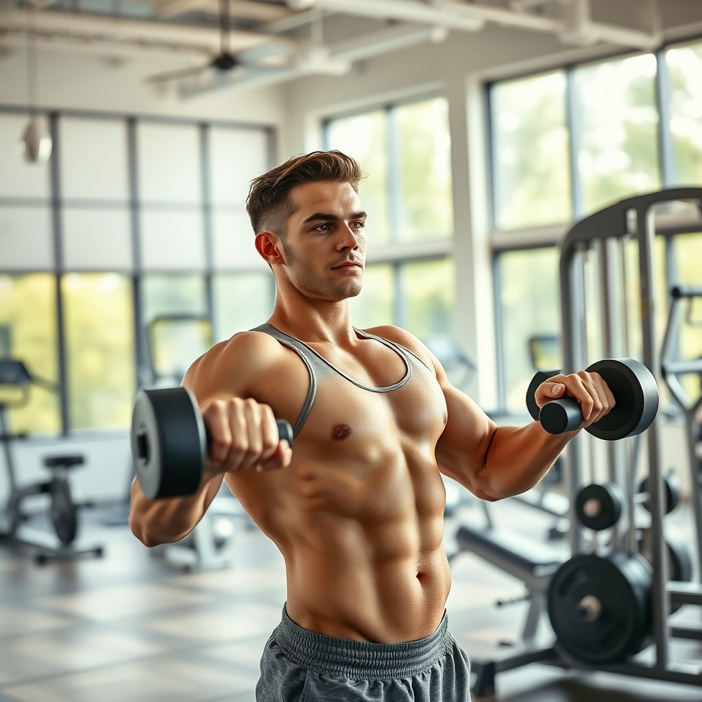 A motivating fitness scene featuring a person with a healthy physique, engaged in a basic gym workout