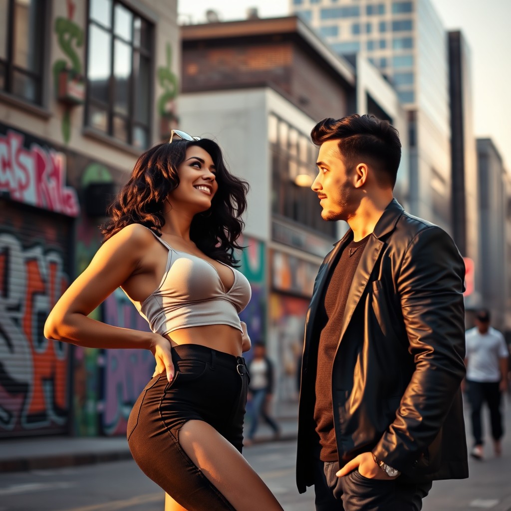 A confident woman playfully showing off her figure to an admiring man in an urban setting