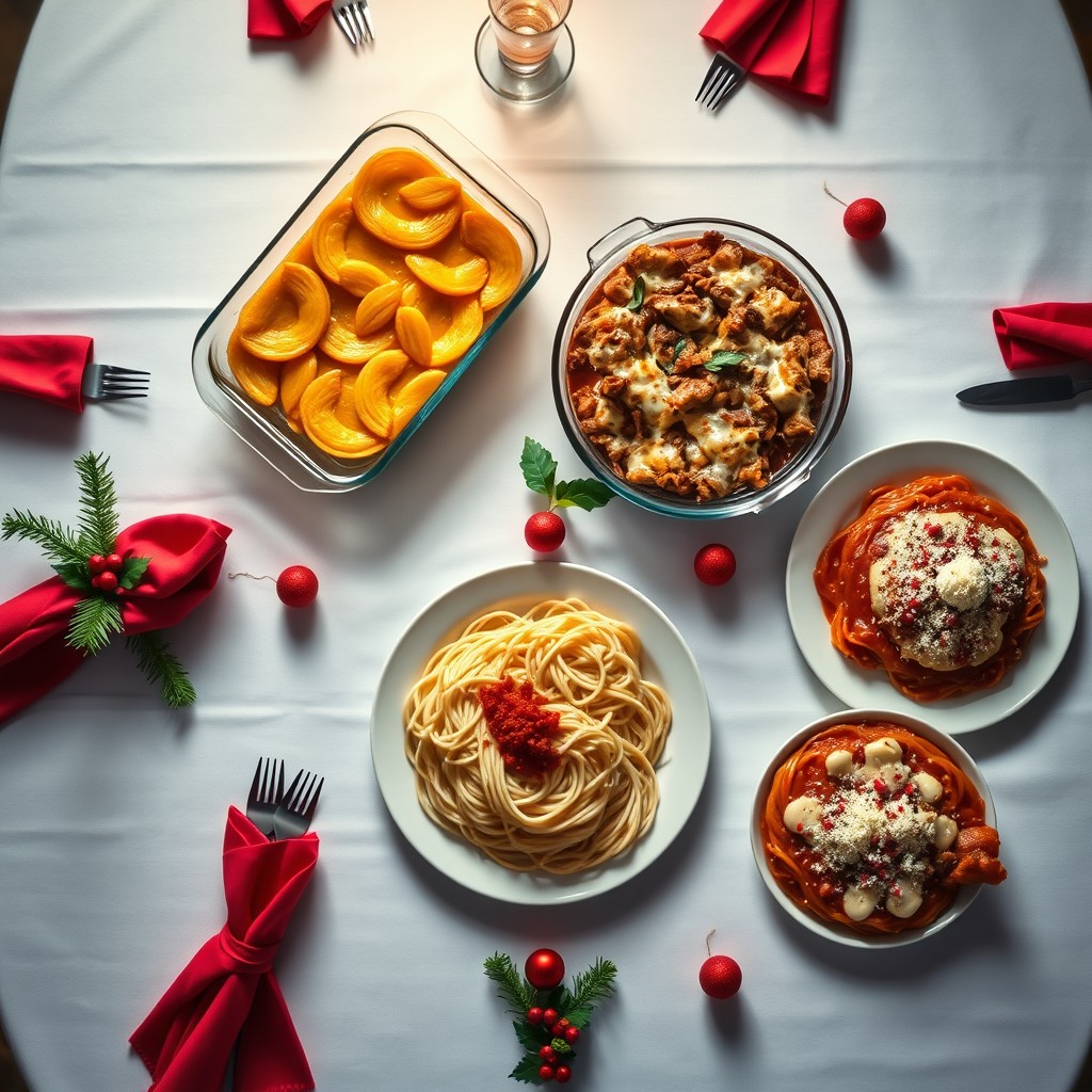 An aerial view of an elegantly decorated Dominican Christmas table featuring a white tablecloth and red napkins