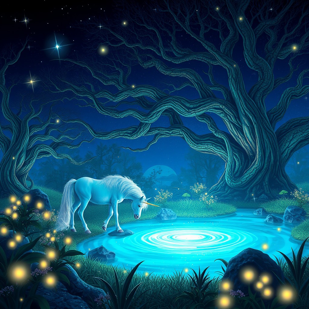A stunning, ethereal scene of a mythical forest filled with bioluminescent plants and creatures