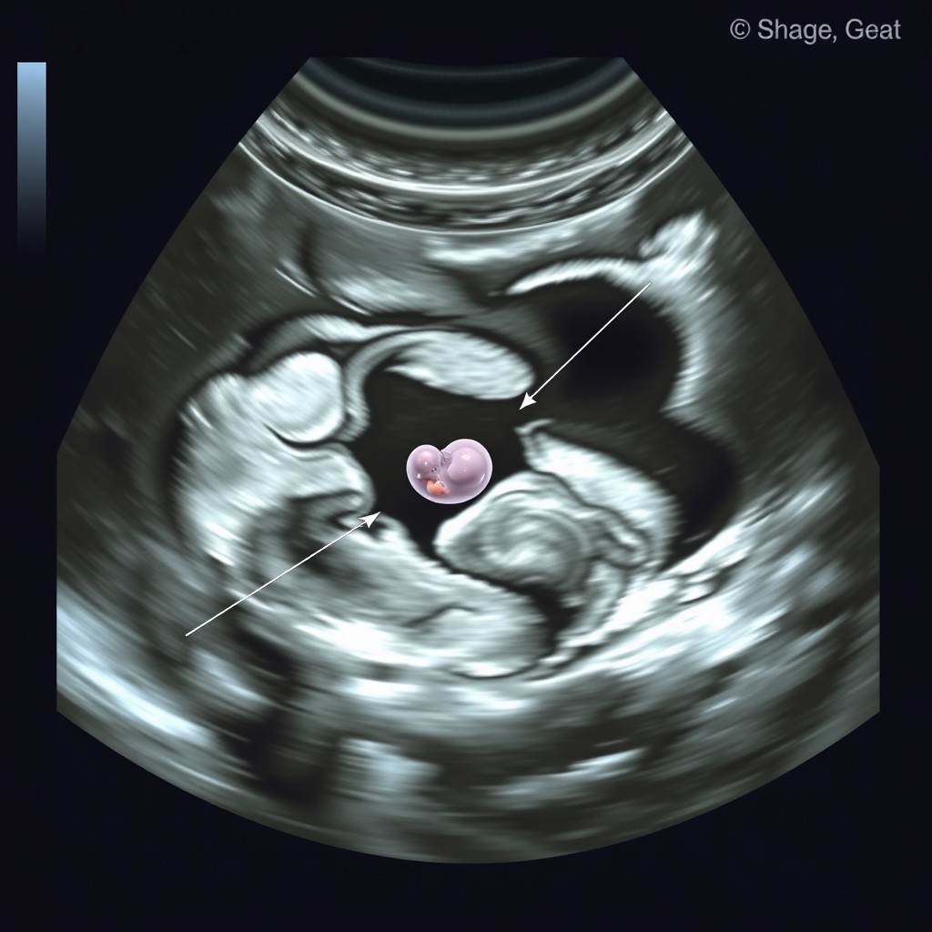 A detailed medical illustration of an ultrasound scan depicting the early stages of pregnancy at 4 weeks gestation