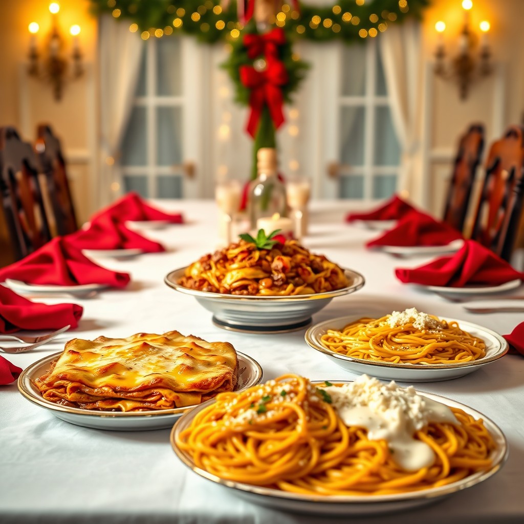 A front view of an elegantly decorated Dominican Christmas table featuring a white tablecloth and red napkins