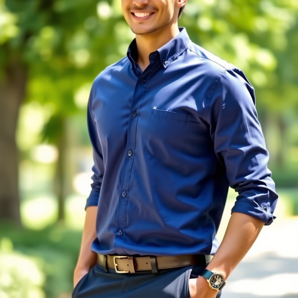 A stylish individual wearing a well-fitted navy blue shirt, exuding confidence and elegance